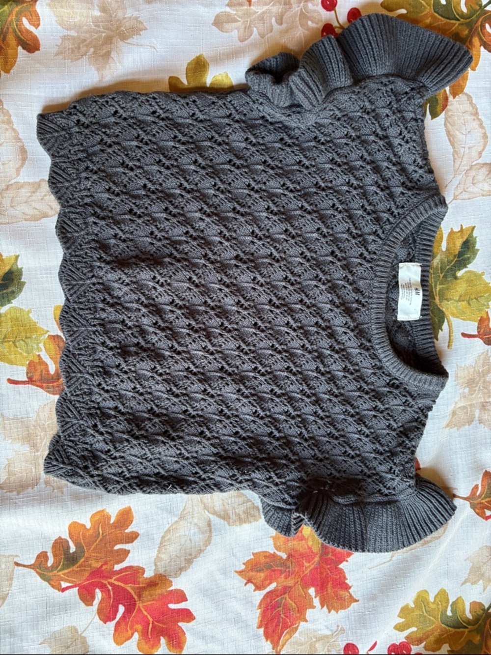 H&M Dark Gray Openwork Knit Ruffle-Sleeve Sweater Top